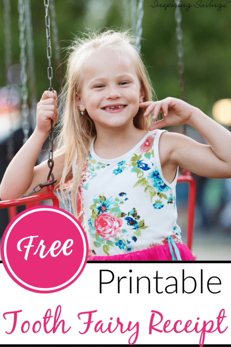 tooth fairy printable receipt - pictured little girl on swing with missing teeth. Text over lay on picture "Free Printable Tooth Fairy Receipt"