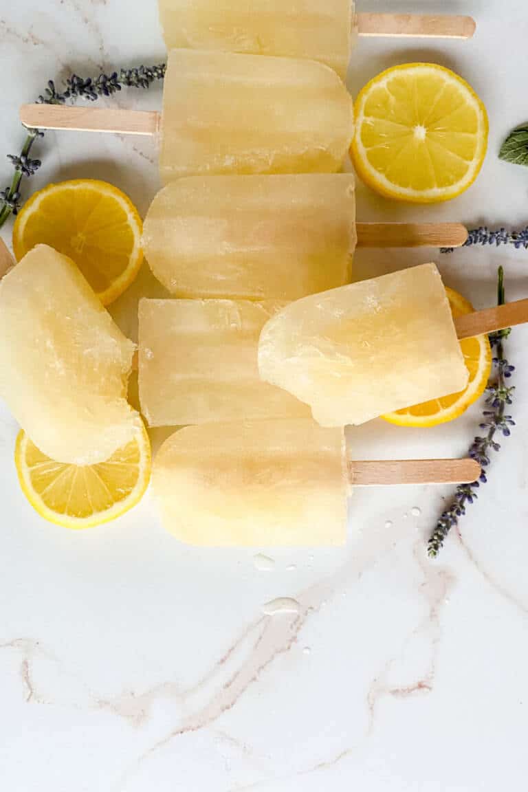 Lemon Lavender Ice Pops on marble background