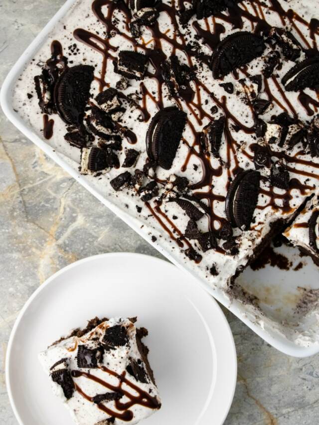 cropped Oreo Poke cake in baking dish