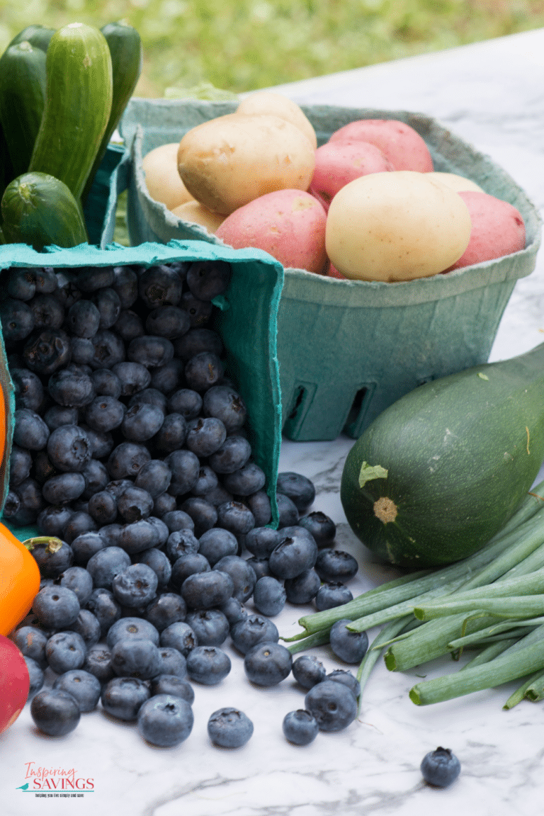 what is in season for June pictured blueberries, zucchinis and green onions