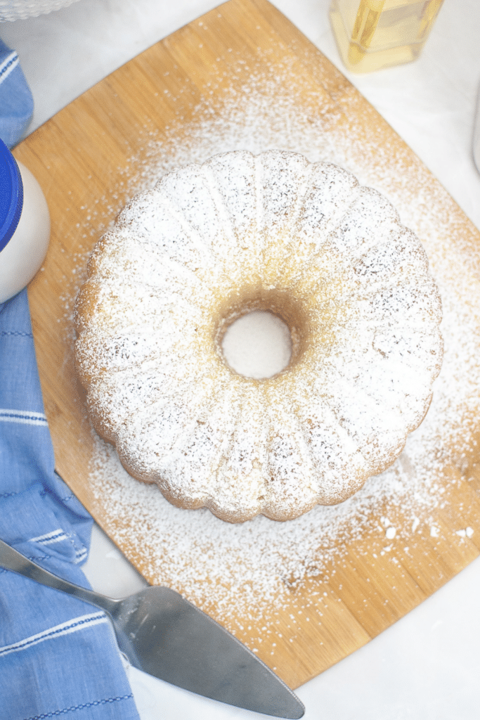 Twinkie bundt cake dusted with powder sugar