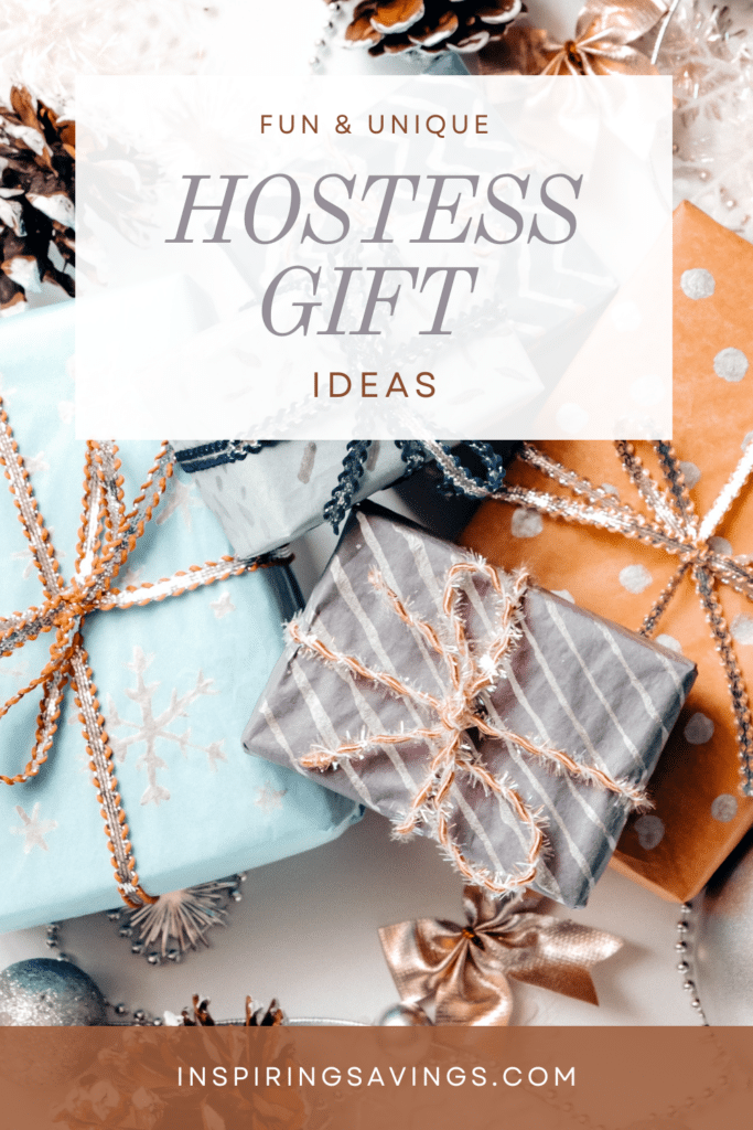 Fun & Unique Hostess Gift Ideas from Inspiring Savings Blog - pictured wrapped presents on tabletop