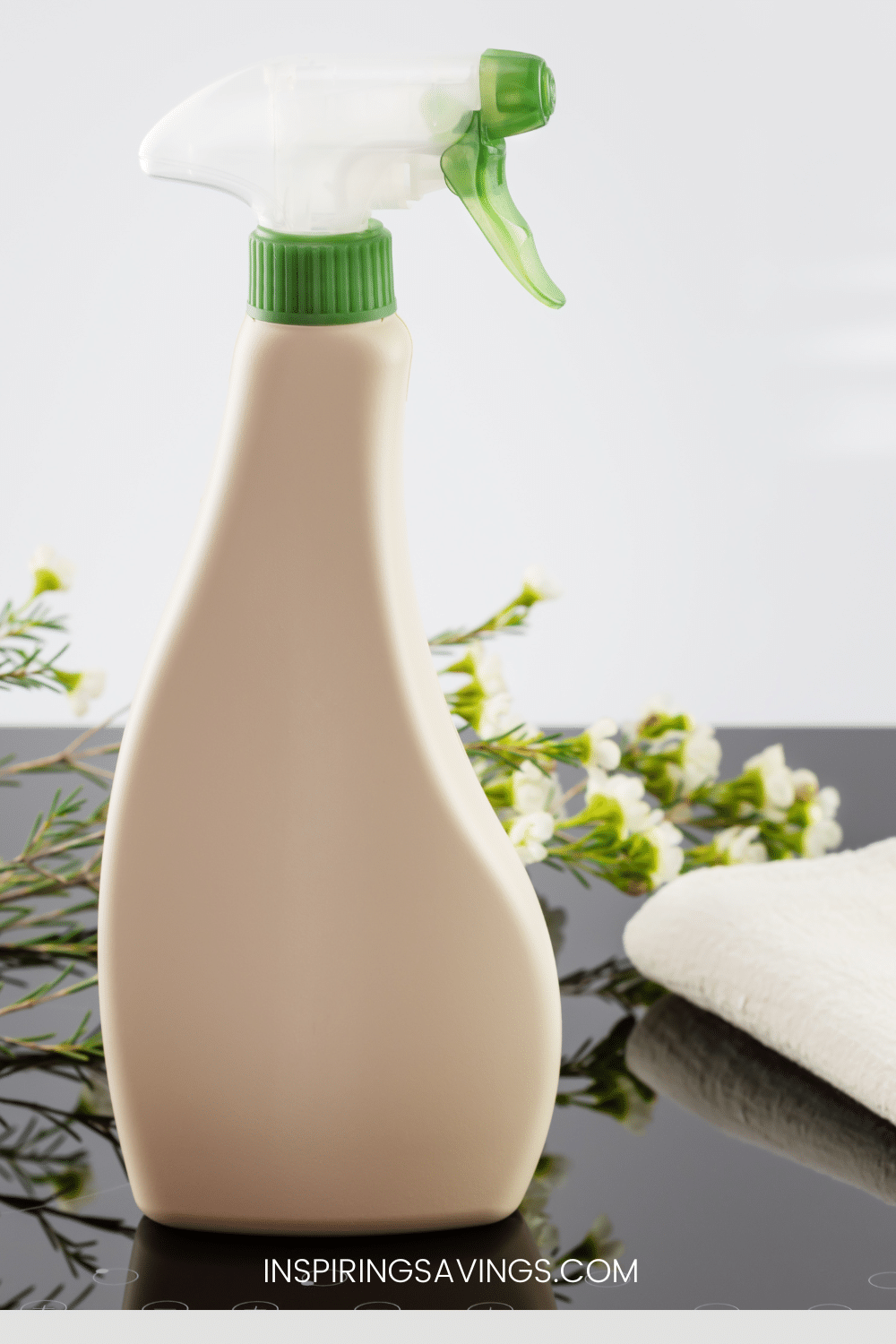 Homemade all purpose Vinegar Cleaning Solution Spray on table with cleaning cloth