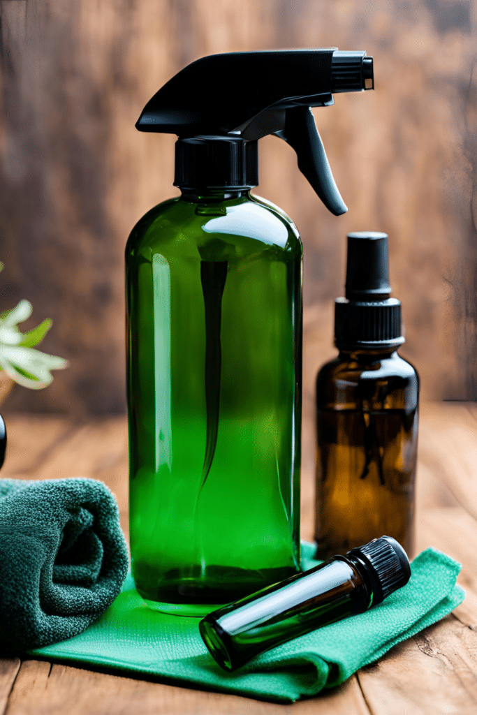 DIY Multi Surface dusting spray in green bottle with essential oils